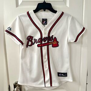 Atlanta Braves Women’s Baseball Majestic White Jersey Small Braves Logo Vintage